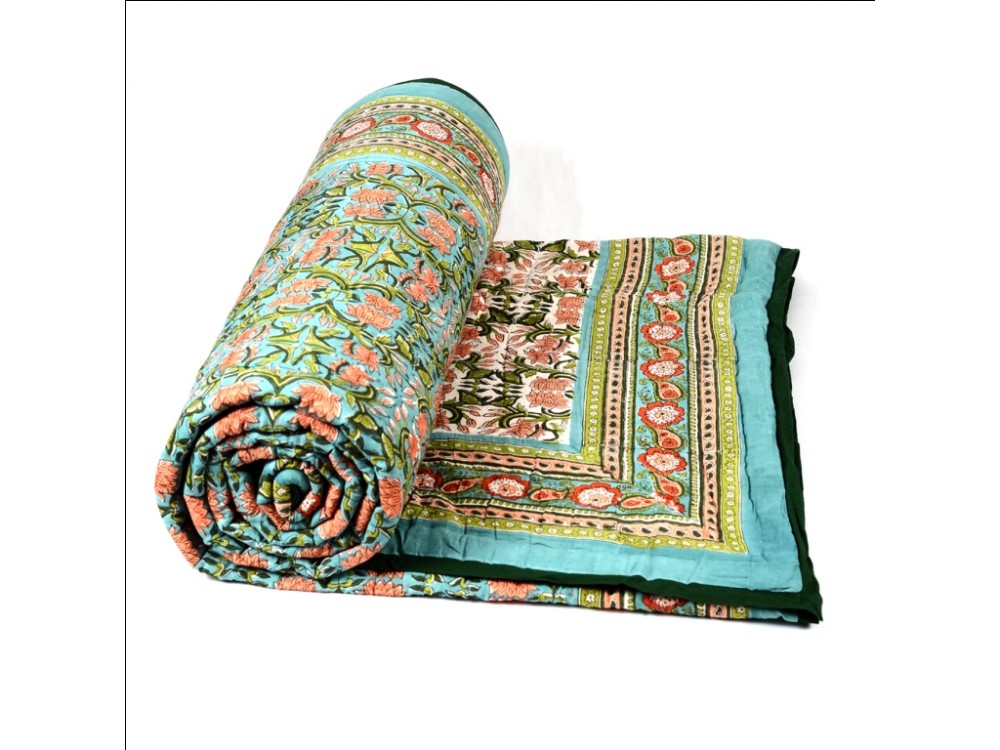 Double Bed Jaipuri Quilt / Razai Hand Block Printing Floral Design Size 90*108